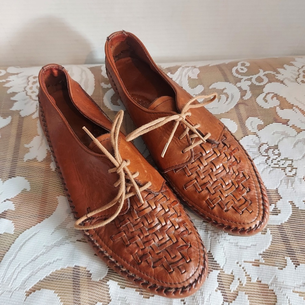 Dexter Vintage Woven Leather Huarache Oxfords Cognac Brown Lace Up Flats 5M